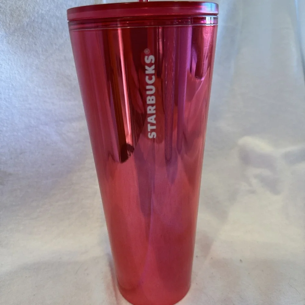 Starbucks Venti 24oz Cup‎ Tumbler Shiny Ruby Red Pink With Chrome Finish